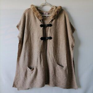 Oliver By Escio Women's Tan Buckle Front Hooded Poncho Cape Sweater Size S/M